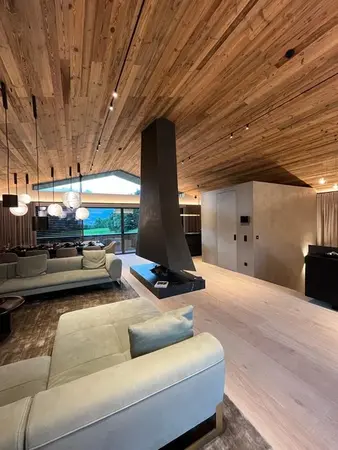 Modernes Wohnzimmer mit Kamin, Holzbalkendecke, Designermöbeln und großen Fenstern.